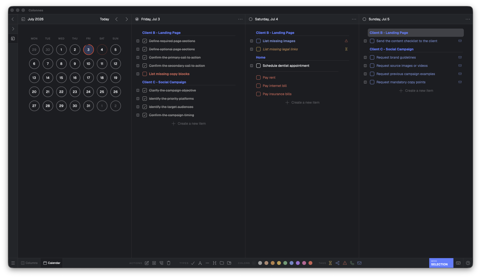 Colonnes calendar planning interface