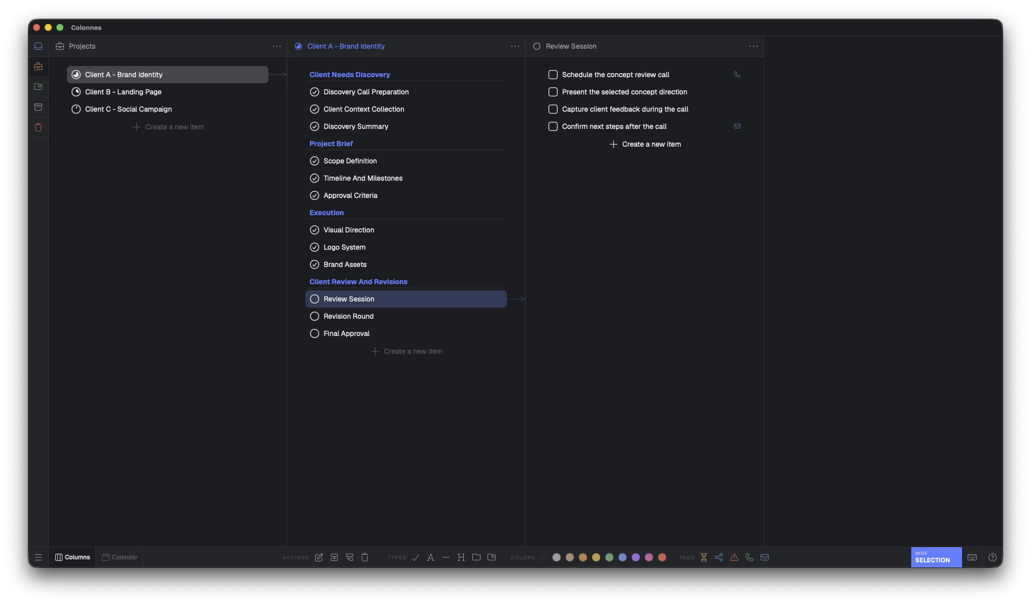 Colonnes interface showing Miller Columns task organization