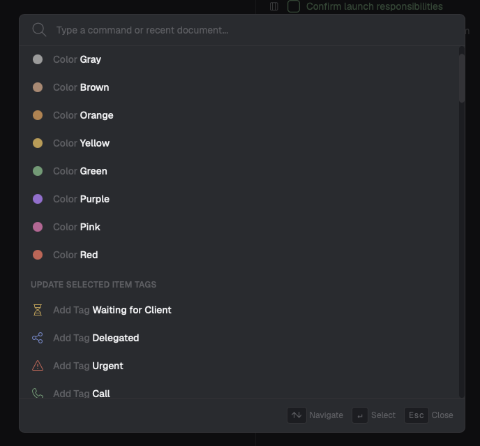 Colonnes command palette with searchable commands