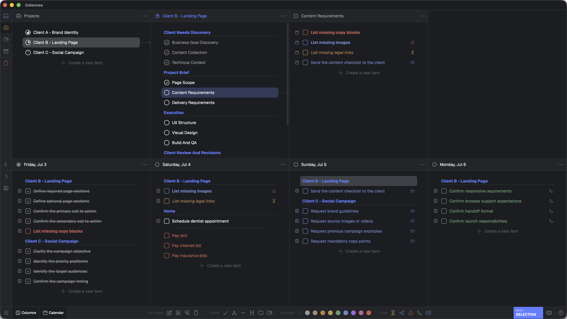 Colonnes task management app interface