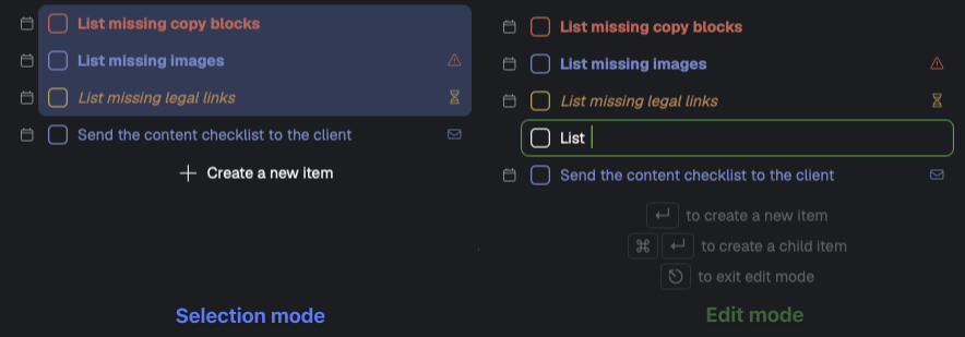 Colonnes interface showing selection and edit modes