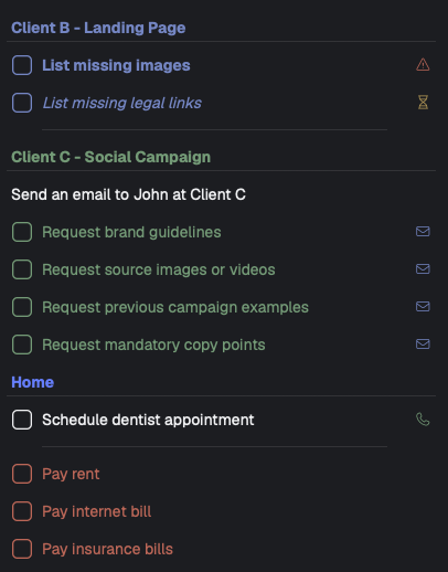 Colonnes interface showing colored tasks and tags